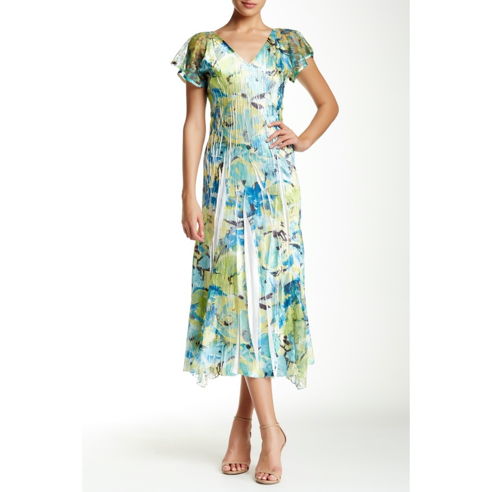 Komarov Blue and Green Floral Pleated Midi Dress